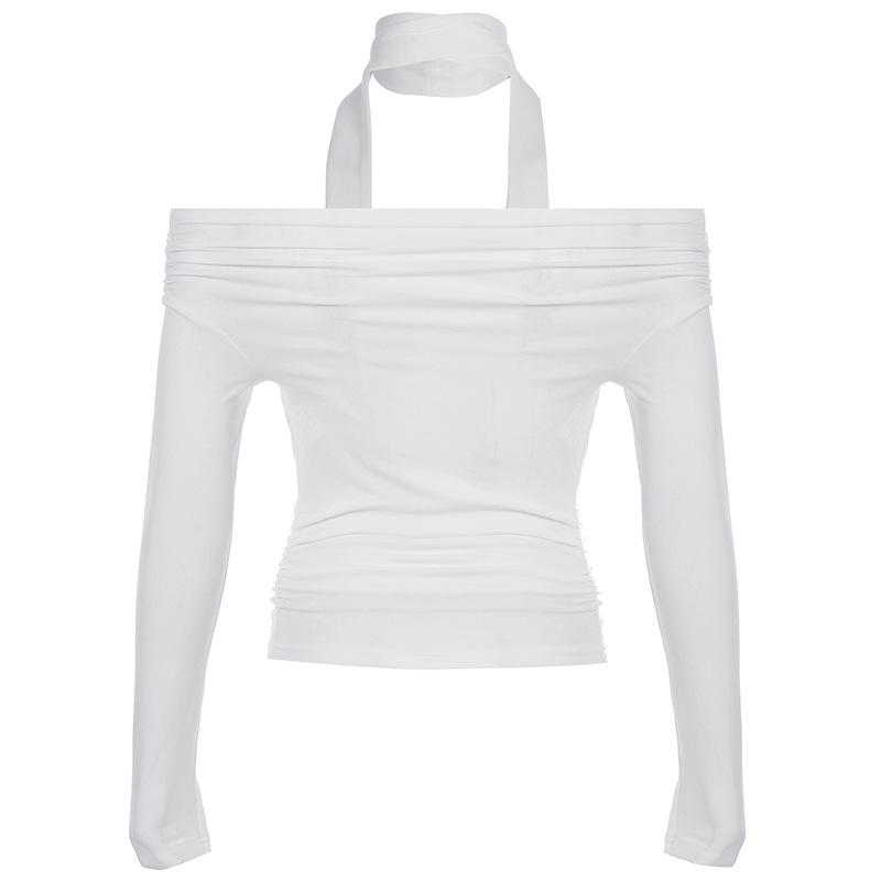 Off shoulder long sleeve ruched solid top