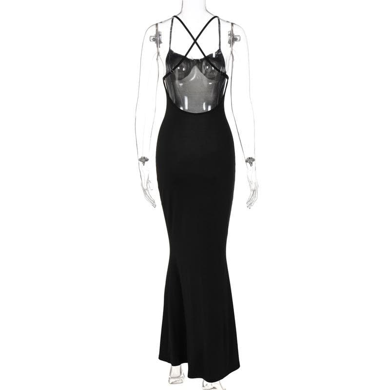 Cross back solid low cut backless cami midi dress  | black rave dress  | black rave dress