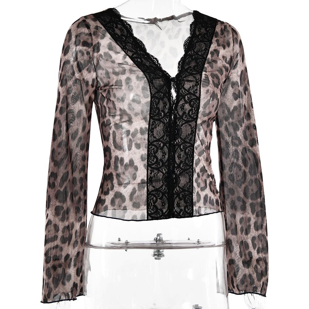 Long sleeve leopard print v neck lace button top