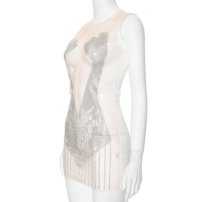 Sleeveless crewneck beaded mesh patchwork see through mini dress