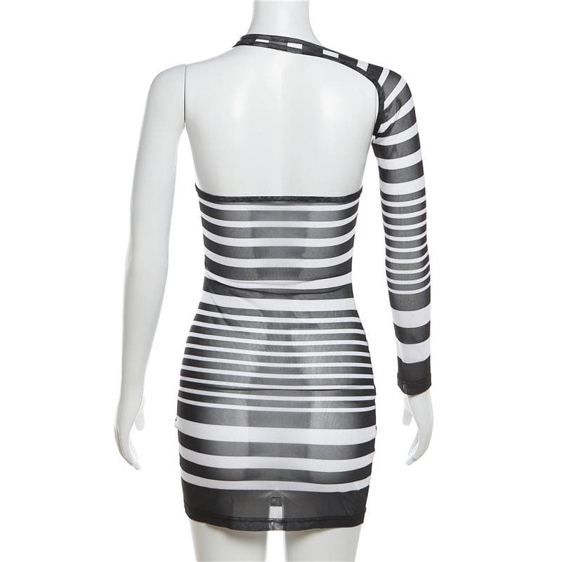 Irregular sheer mesh see through one shoulder striped mini dress  | samba dress