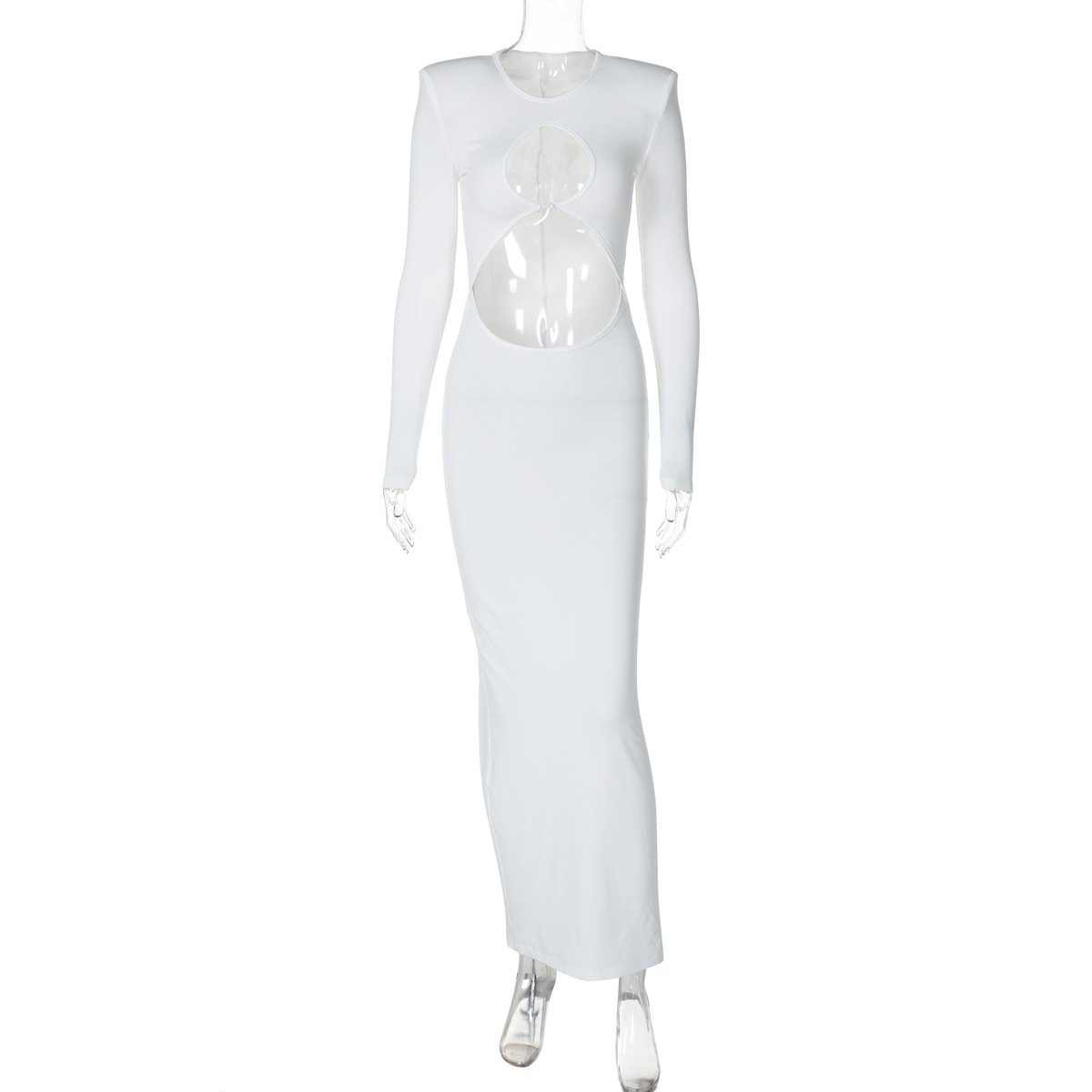Long sleeve crewneck padded hollow out slit maxi dress
