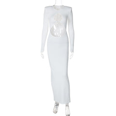 Long sleeve crewneck padded hollow out slit maxi dress