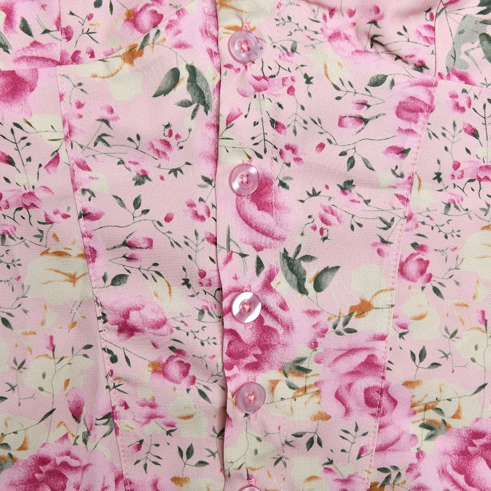 Halter smocked button flower print mini skirt set