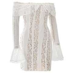 Long flared sleeve off shoulder lace mini dress