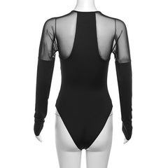 Mesh patchwork solid long sleeve crewneck bodysuit
