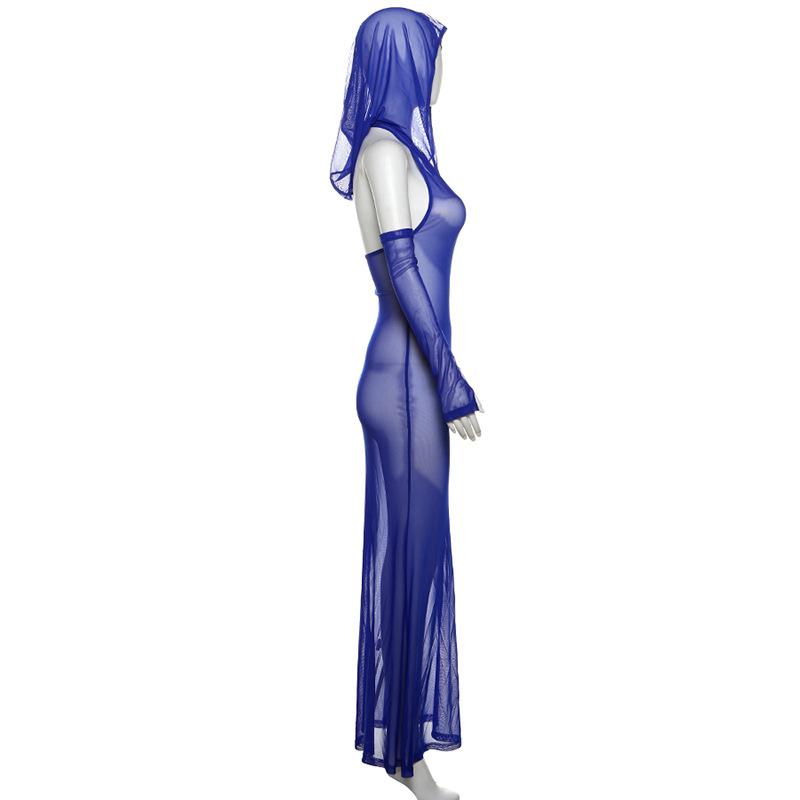 Hoodie gloves mesh see through backless maxi dress