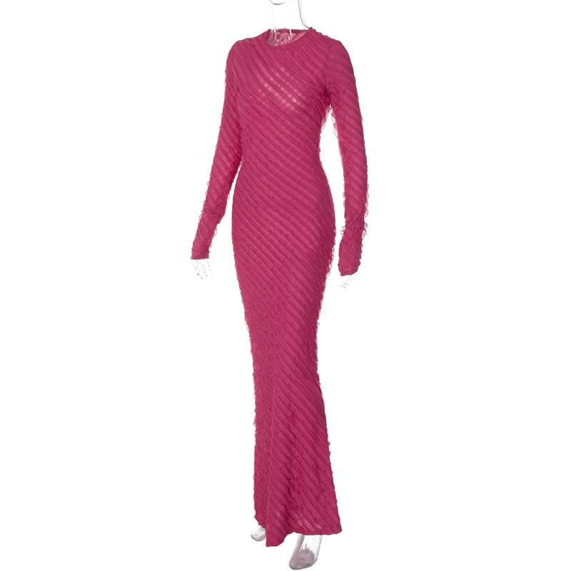 Textured long sleeve crewneck ruffle solid maxi dress  | red tango dress