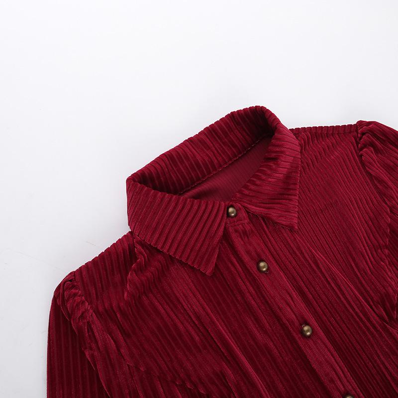 Turnover collar long sleeve corduroy lace hem top