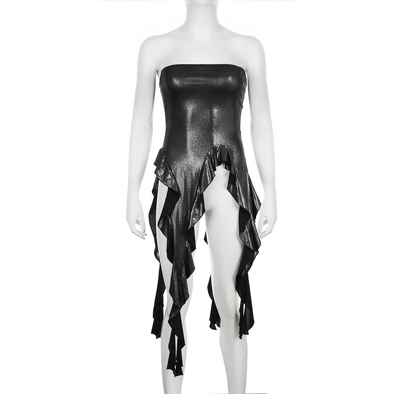 PU leather ruffle irregular tube top