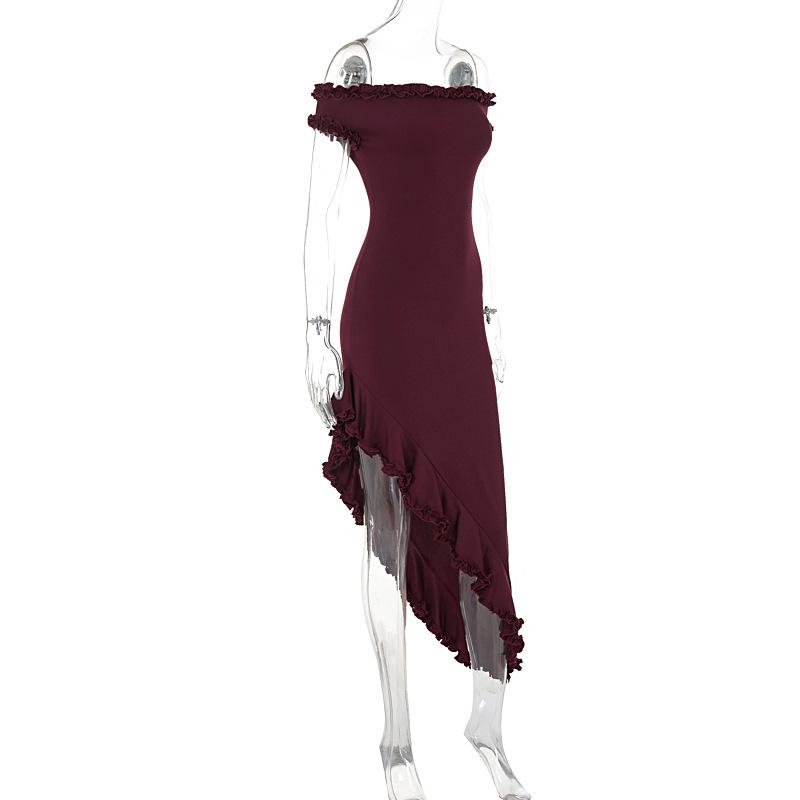 Short sleeve off shoulder ruffle irregular midi dress  | red tango dress