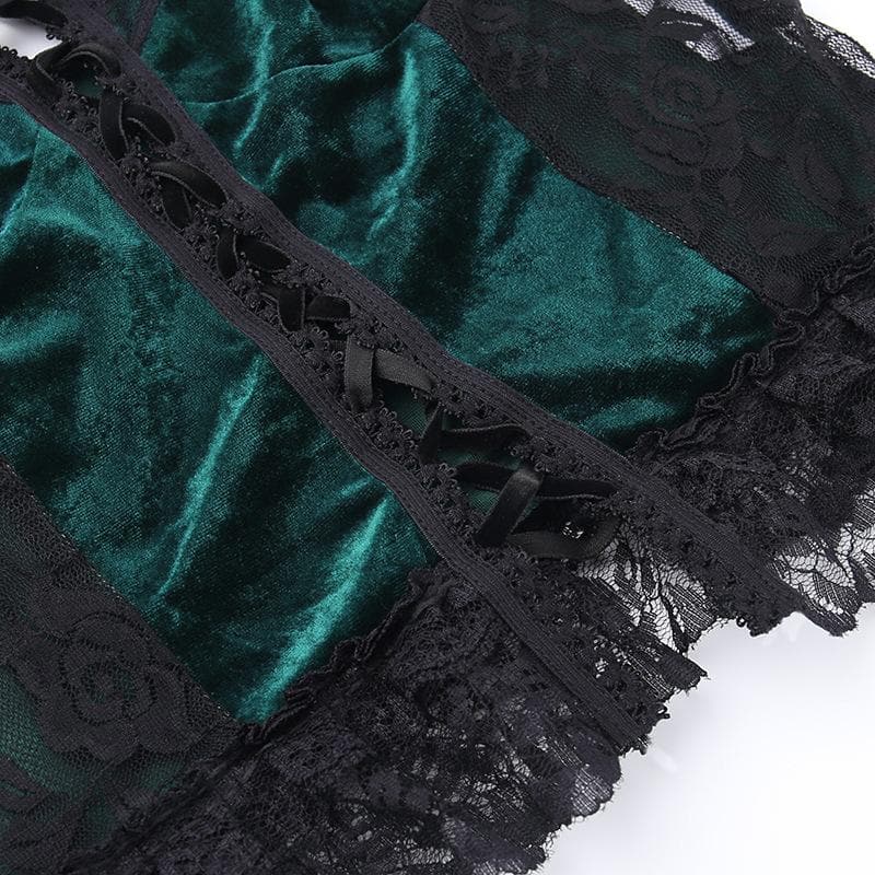 Velvet lace patchwork lace up sweetheart neck cami top
