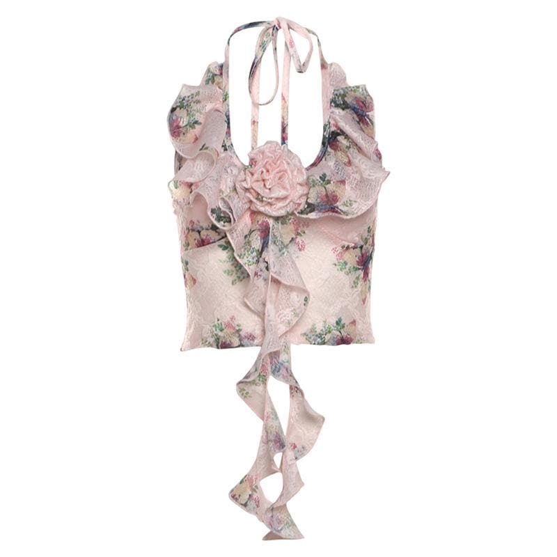 Halter ruffle u neck flower applique print top