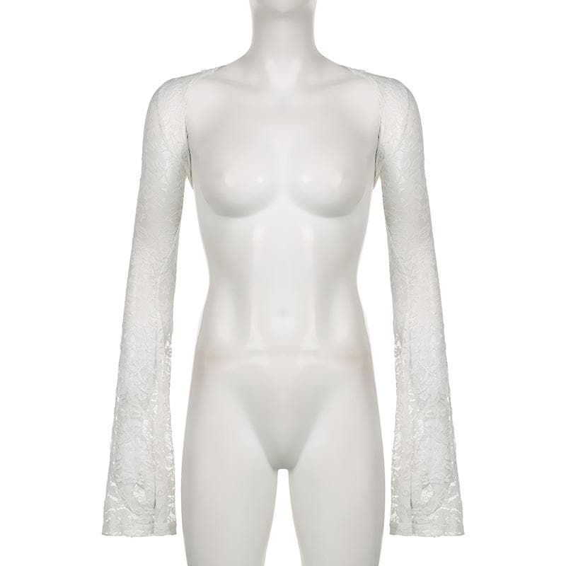 Flared sleeve lace hollow out solid shrug cut out top