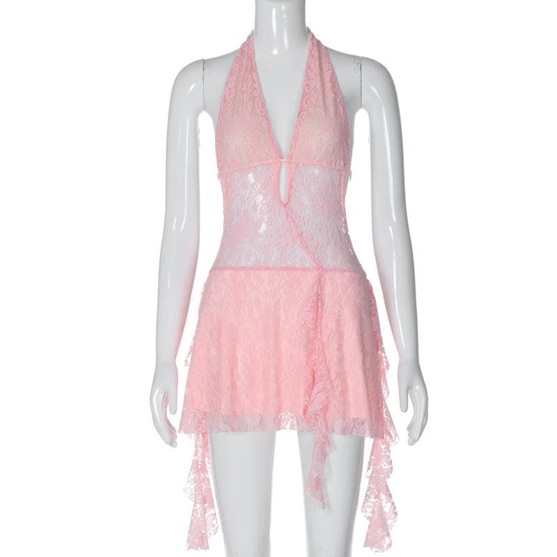Halter v neck backless lace self tie hollow out mini dress