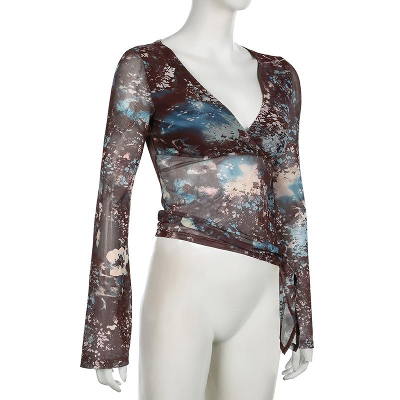 V neck long flared sleeve abstract mesh top