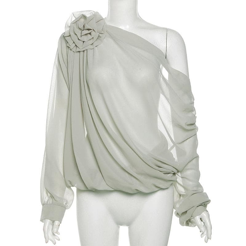 Chiffon flower applique see through off shoulder long sleeve ruched top