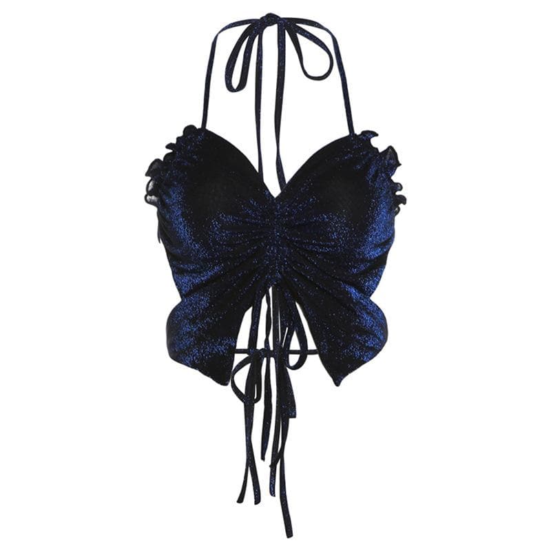 Halter ruched drawstring glitter cami top