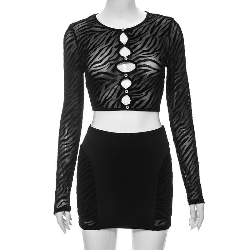 Long sleeve hollow out zebra print see through mini skirt set