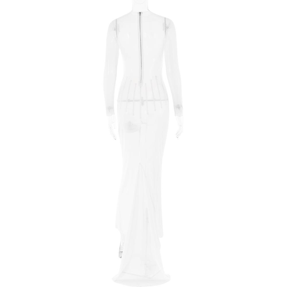 Long sleeve sheer mesh zip-up stitch maxi dress  | samba dress