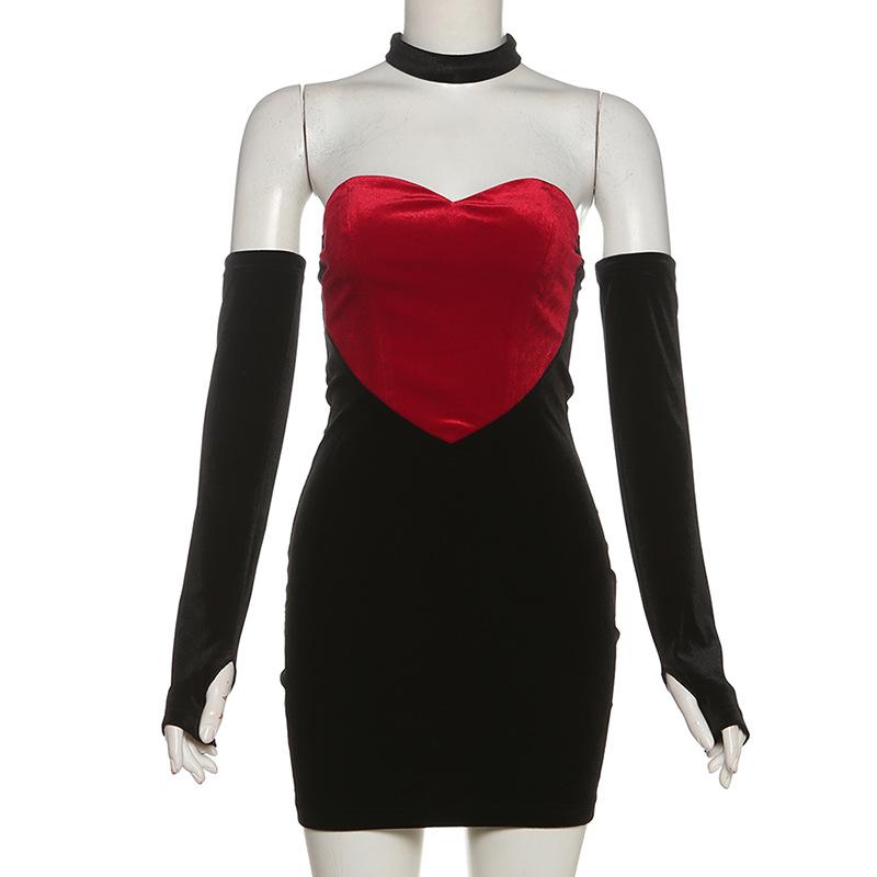 Sweetheart pattern gloves velvet mini dress