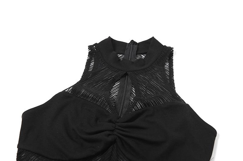 High neck ruched hollow out mesh zip-up tank top