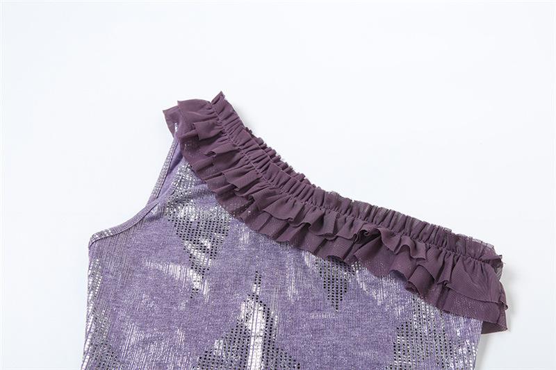 One shoulder ruffle print metallic irregular top