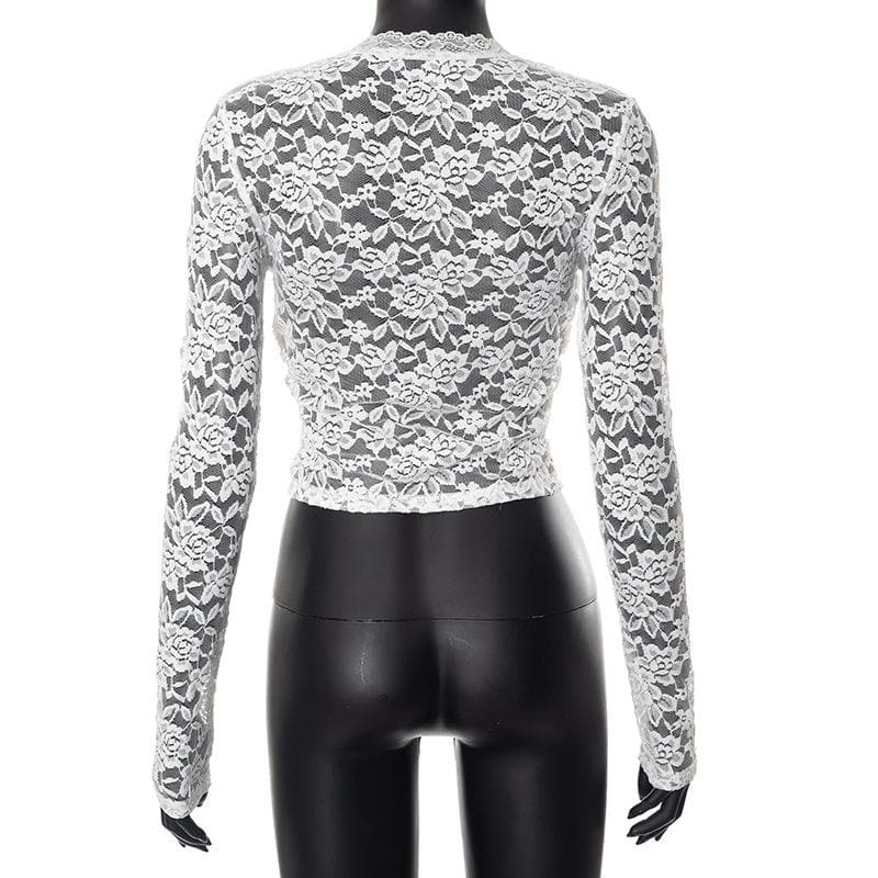 Long sleeve v neck lace self tie solid crop top