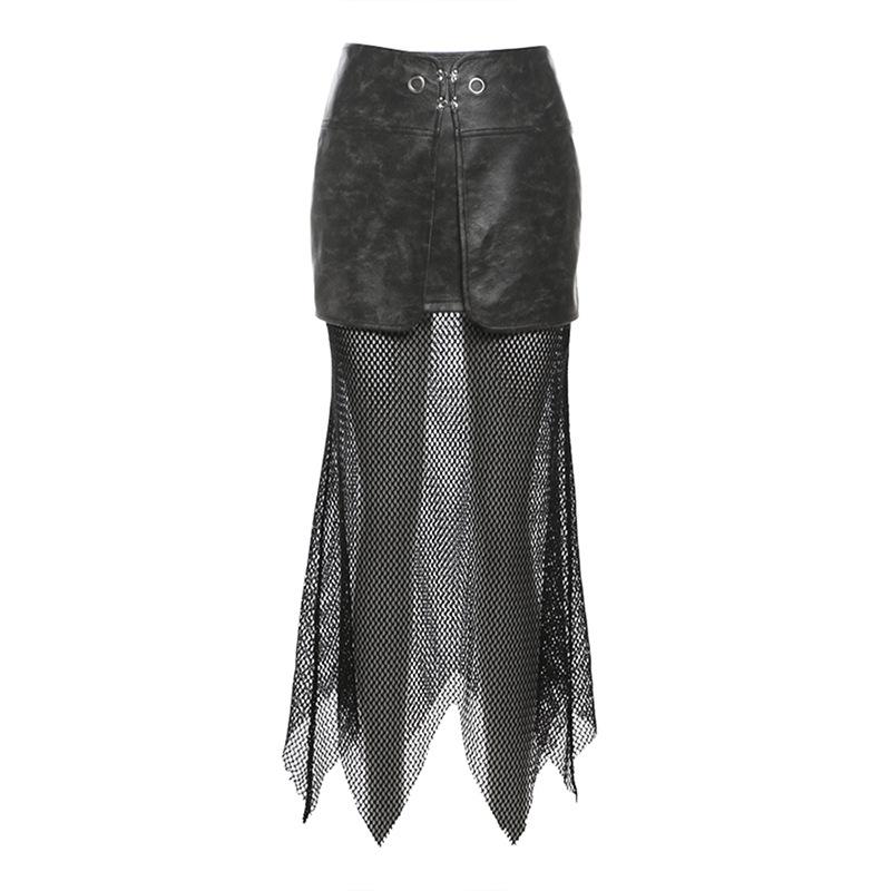 PU leather fishnet patchwork button maxi skirt