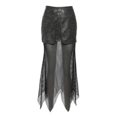 PU leather fishnet patchwork button maxi skirt