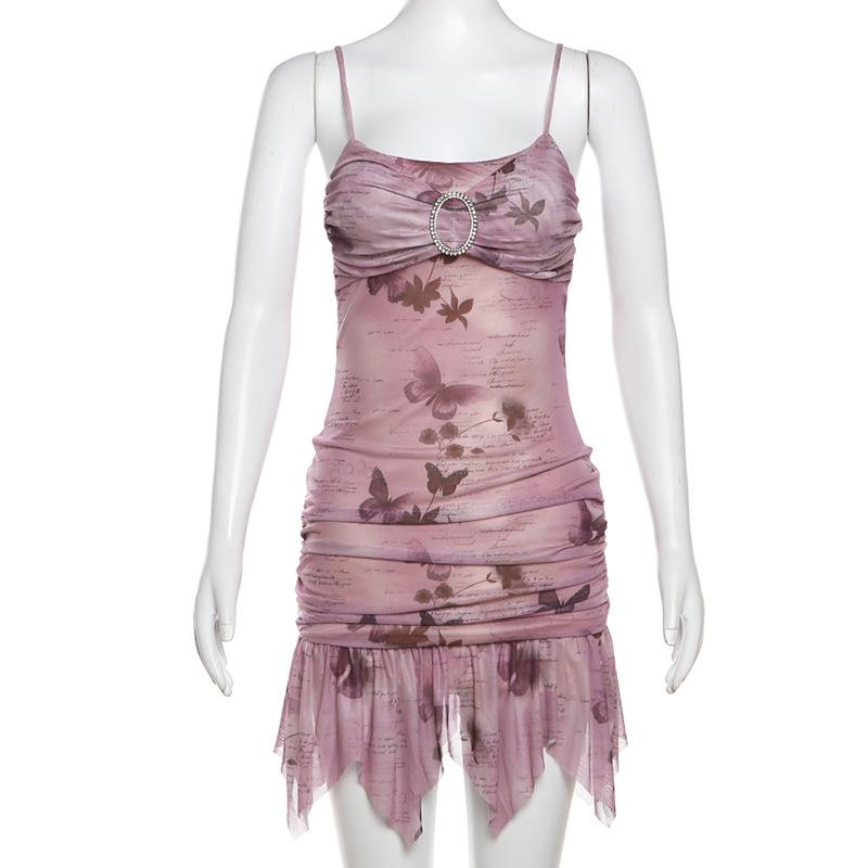 Sweetheart neck ruched buckle ruffle cami mini dress