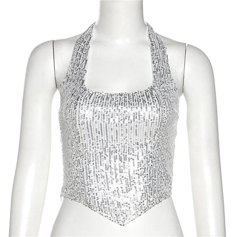 Beaded halter zip-up backless solid sleeveless crop top