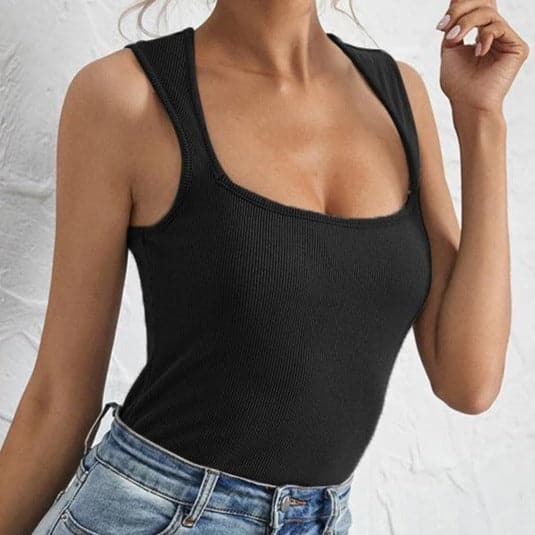 Square neck low cut sleeveless solid ribbed top