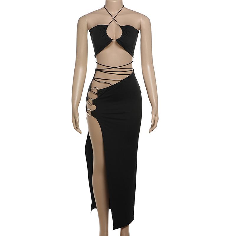Halter cross front self tie o ring high slit maxi dress  | black rave dress