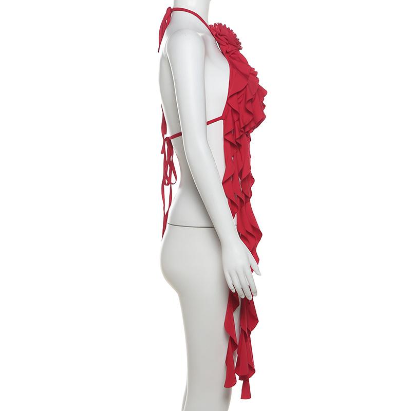Halter flower applique ruffle backless top