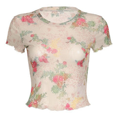 Short sleeve flower print ruffle sheer mesh top
