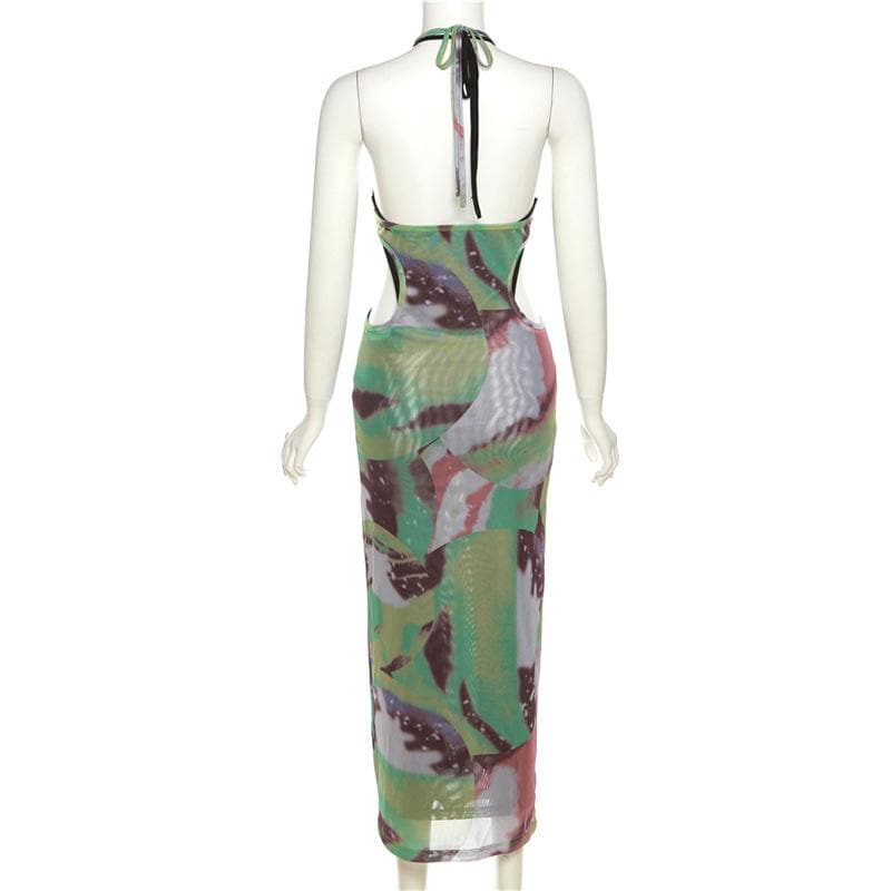 Halter self tie contrast print sheer mesh backless hollow out maxi dress  | samba dress