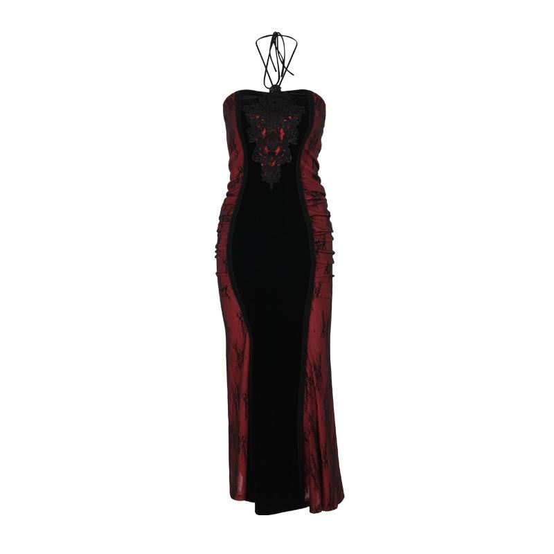 Halter embroidery ruched contrast maxi dress  | red tango dress