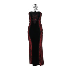 Halter embroidery ruched contrast maxi dress  | red tango dress