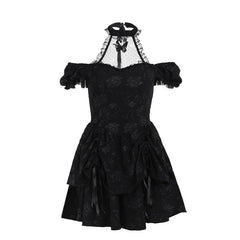 Short sleeve halter off shoulder butterfly flower pattern lace mini dress