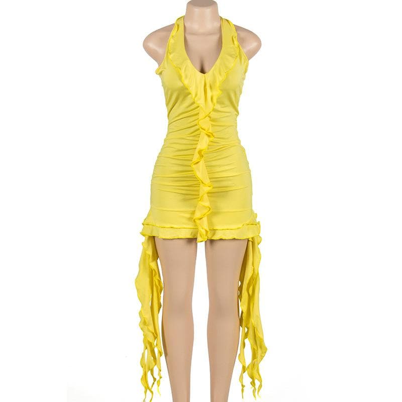 Self tie halter ruffle ruched v neck ribbon backless mini dress  | red tango dress