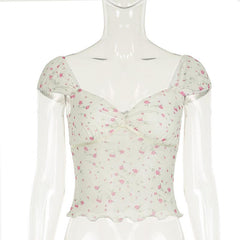 Short puff sleeve rose print lace hem ruched top