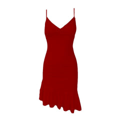 V neck ruffle backless irregular solid cami dress  | red tango dress