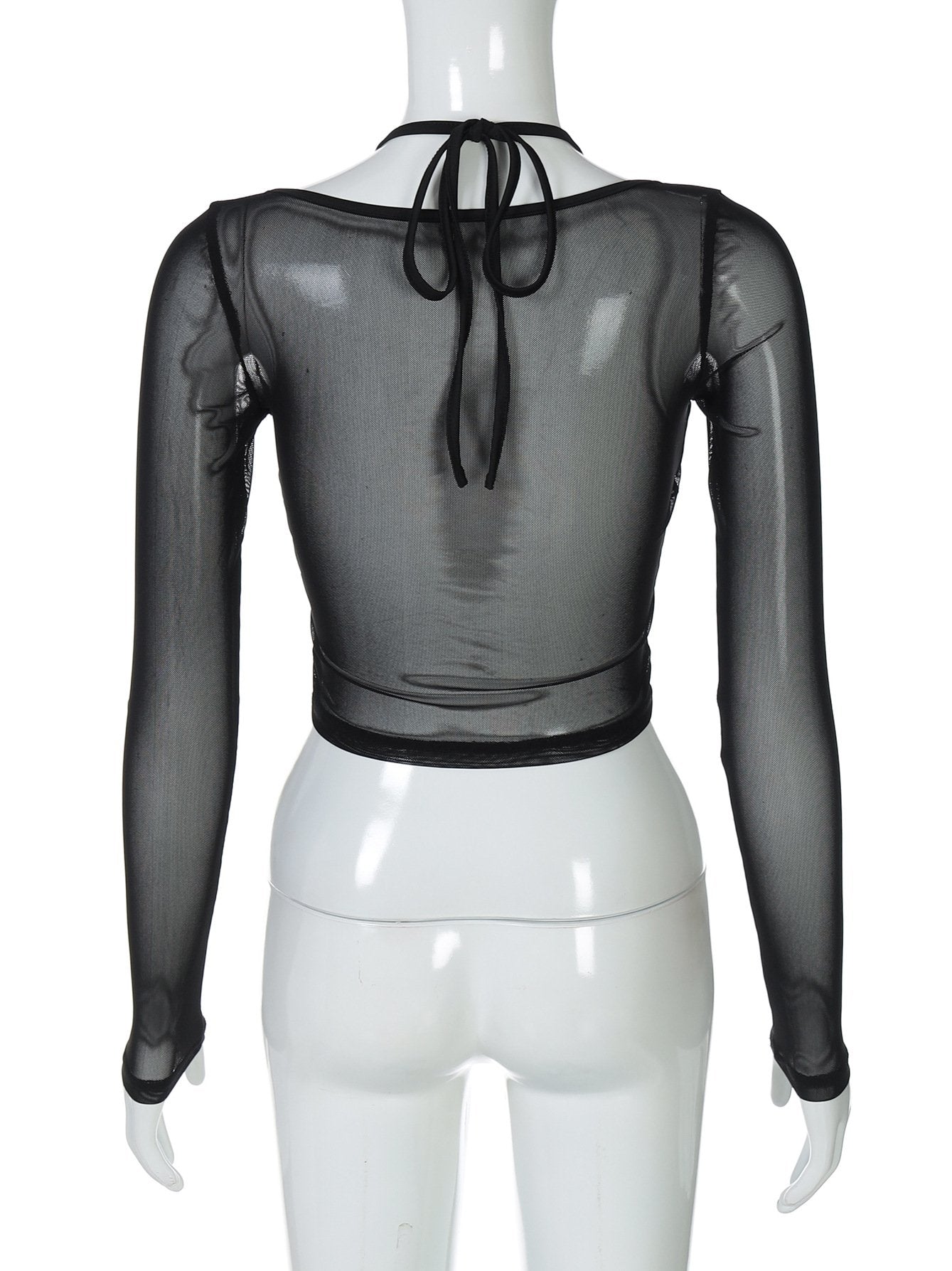 Halter long sleeve mesh lace hem button top
