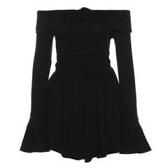 Flower applique off shoulder long flared sleeve slit mini dress