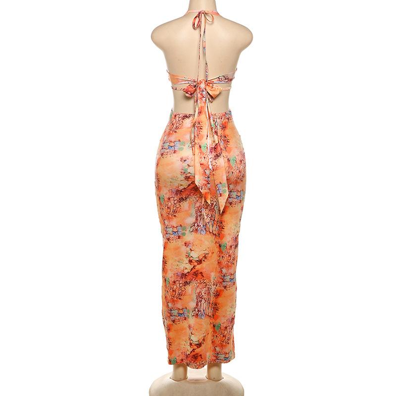Halter self tie deep V neck print backless maxi dress