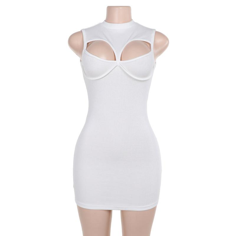 Crewneck sleeveless hollow out ribbed mini dress