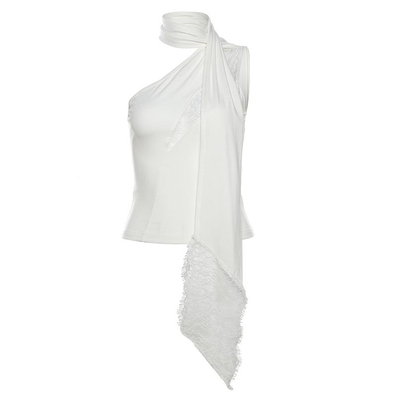 Halter one shoulder lace hem irregular top