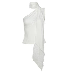 Halter one shoulder lace hem irregular top