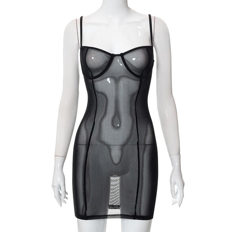 Sheer mesh see through solid low cut cami mini dress  | samba dress